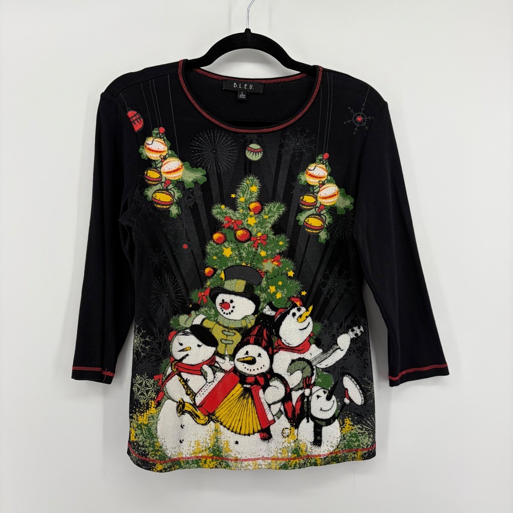 B.L.E.U. Womens Christmas Snowmen Graphic Tee Black‎ 3/4 Sleeve Cotton Large